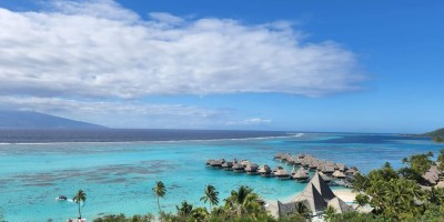 Shades of blue in French Polynesia view of Tahiti from Moorea